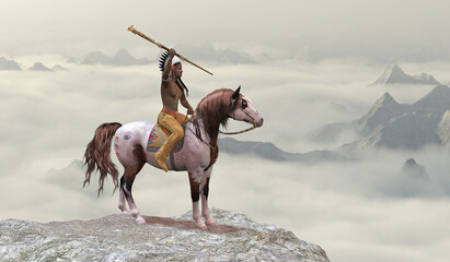 Indian Leaping Bear - An American Indian in warbonnet rides his war pony to the top of a cliff in the western mountain range. © Catmando