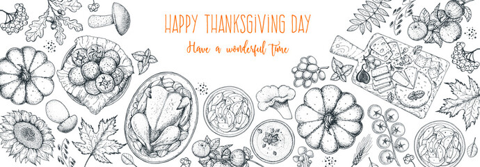 Thanksgiving food banner design. Thanksgiving illustration. Food hand drawn sketch. Festive dinner with turkey. Autumn food sketch. Engraved image. Vector thanksgiving background.