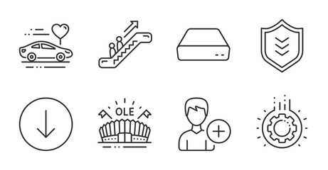Mini pc, Escalator and Gear line icons set. Honeymoon travel, Sports arena and Shield signs. Scroll down, Add person symbols. Computer, Elevator, Work process. Business set. Quality line icons. Vector