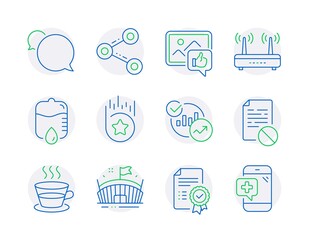 Business icons set. Included icon as Drop counter, Coffee cup, Wrong file signs. Like photo, Arena, Loyalty star symbols. Messenger, Wifi, Statistics. Share, Certificate, Medical phone. Vector