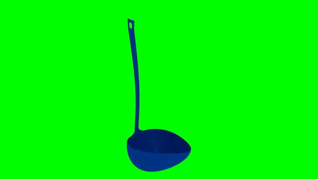 Animated spinning plastic blue molded bevel or rounded triangle kitchen soup ladle. Isolated and loop able on green background.