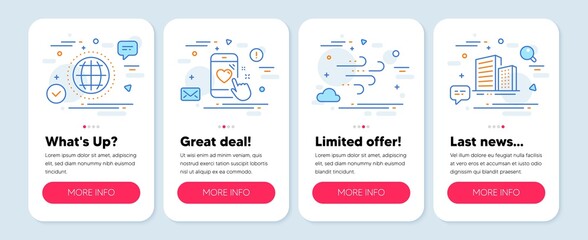 Set of Business icons, such as Heart rating, Globe, Windy weather symbols. Mobile screen banners. Buildings line icons. Phone feedback, Internet world, Wind. City architecture. Vector