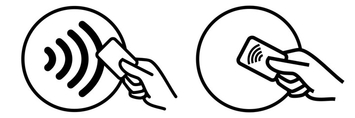 Payment icon, card nfc pay contactless or wireless rfid vector logo. Smart key card contact less paypass or paywave tap and hand icon for pos terminal and atm