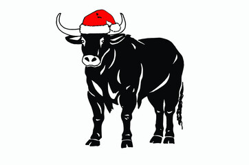 Vector ox in Santa Claus hat isolated on white background, new year illustration