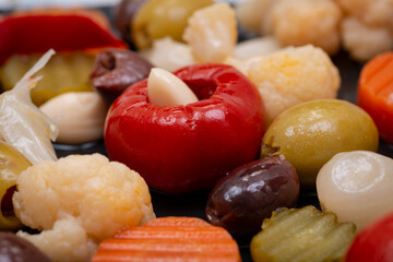 Mediterranean marinated veggie medley with olives preserved in natural sea salt brine.