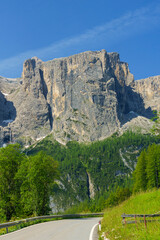 Mountain landscape along the road to Gardena pass, Dolomites