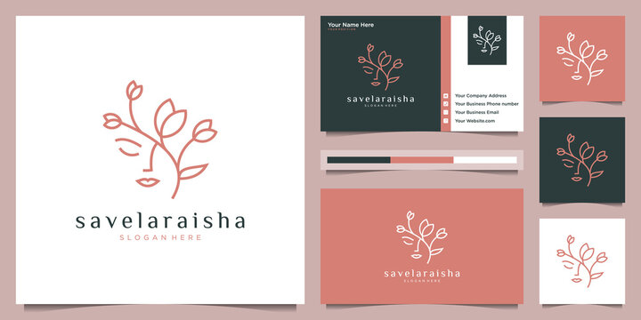 women face with flower logo design and business card. natural women logo for beauty salon, spa, cosmetic, and skin care. luxury feminine template.