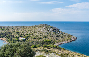 Top view of the western part of the rocky mountainous island of Lavsan in the Adriatic sea in Croatia