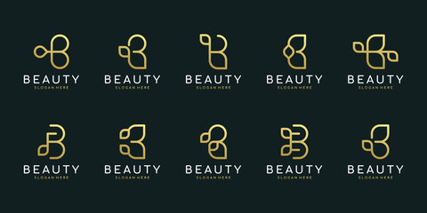 Initial letter b with abstract leaf element. minimalist line art monogram shape logo. typography decorative icon with letter b. uppercase initials. beauty, luxury spa, beauty salon, feminine symbol. © suneo_99