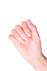 Beautiful female hand showing fresh cute pink manicure, skin and nail care concept, isolated
