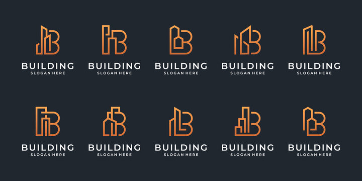 building logo design collection. set a creative initial letter b with real estate symbol. minimalist monogram and line art style.