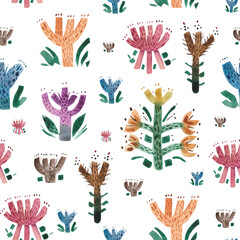Watercolor seamless floral pattern of autumn flowers in primitivism style. Decorative background for stylish products