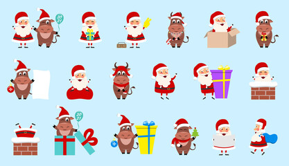 Collection Oxes and Santa Clauses. Christmas Cheerful Happy Characters