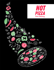 Italian pizza and ingredients. Italian food menu design template. Italian food, pizzeria menu design template. Vintage hand drawn sketch vector illustration. Engraved image.
