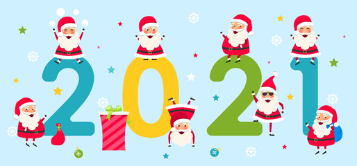 Happy New Year 2021, Collection Characters Santa Clauses. Cheerful Men