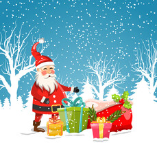 Santa Clause with Christmas Gift Boxes. Winter Nature Snowing Background