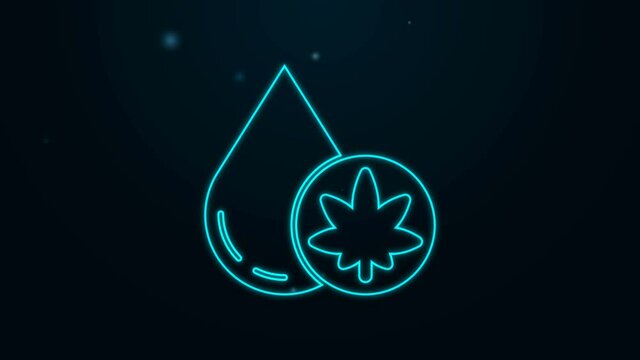 Glowing neon line Medical marijuana or cannabis leaf olive oil drop icon isolated on black background. Cannabis extract. Hemp symbol. 4K Video motion graphic animation