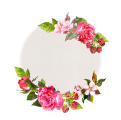 Vintage card with roses, flowers, berries. Watercolor circle pattern
