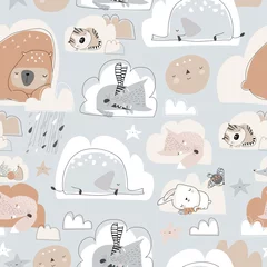 Wall murals Elephant Seamless pattern with cute cartoon animals sleeping on clouds