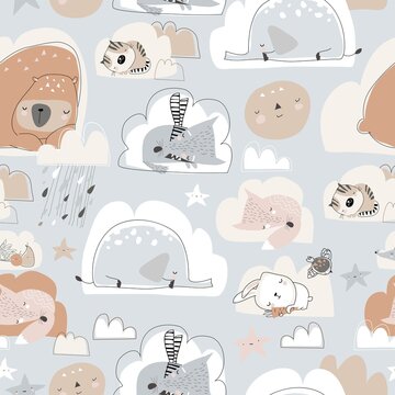Seamless pattern with cute cartoon animals sleeping on clouds