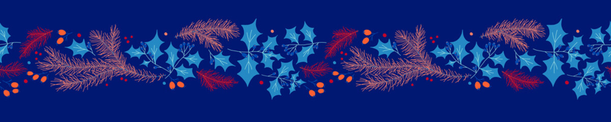 Merry Christmas seamless pattern background for New Year banner, holiday packaging, label design. Winter sale fair pattern. Xmas greeting card with pine cone border and Christmas frame illustration.