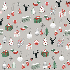 Winter Christmas seamless hand drawn vector pattern.