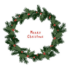 Winter Christmas hand drawn vector illustrations with fir tree branches and holly plants wreath.