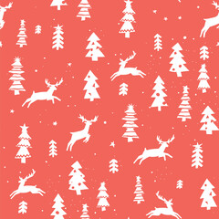 Fototapeta premium Christmas New Year seamless hand drawn vector pattern with deers and fir trees in the forest.