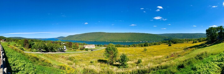 Fototapeta na wymiar Panoramic view of Canandaigua Lake, mountain and valley, from Scenic Overlook in town of South Bristol. The Lake is the fourth longest of the Finger Lakes in the U.S. state of New York. 