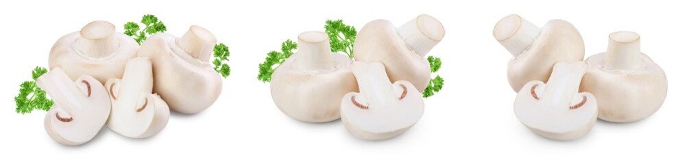 Fresh mushrooms champignon isolated on white background with clipping path and full depth of field. Set or collection