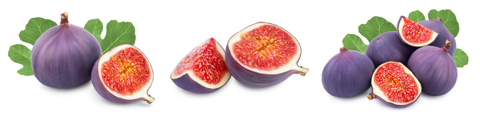 Fresh fig fruit and half with leaves isolated on white background. Set or collection