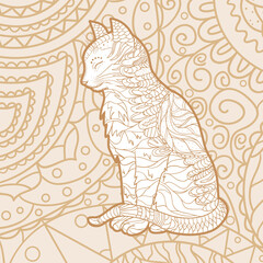 Square pattern with cat. Hand drawn animal with abstract patterns