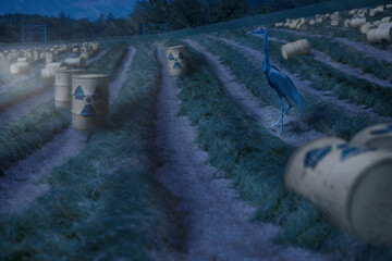 a white-necked crane stands on a mowed hayfield in the night with rain and wind many yellow nuclear barrels stand on the meadow an environmental catastrophe animals and people are threatened