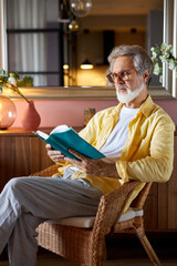 handsome senior male sit on chair reading a book, bearded caucasian man 60 years old have rest at...