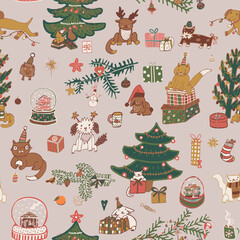 Winter Christmas seamless hand drawn vector pattern with pets animals: cats, dogs, rabbit.