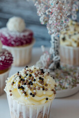 made dish of delicious cupcakes with white cream decorated with ripe strawberries on a gray blue background.