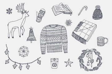Winter Christmas warm cozy objects with deer, sweater, wreath, fir tree, lights, book, candle, star, snowflakes, coffee cup, mitten, plaid hand drawn vector illustrations set.