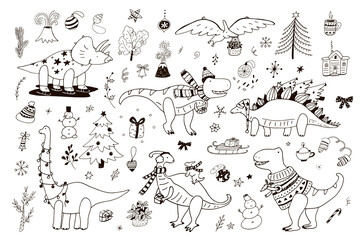 Dinosaur christmas happy new year doodle hand drawn vector line illustrations set