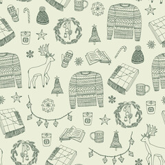 Winter Christmas warm cozy objects with deer, sweater, wreath, fir tree, lights, book, candle, star, snowflakes, coffee cup, mitten, plaid seamless hand drawn vector pattern.