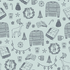 Winter Christmas warm cozy objects with deer, sweater, wreath, fir tree, lights, book, candle, star, snowflakes, coffee cup, mitten, plaid seamless hand drawn vector pattern.