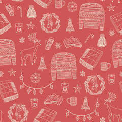 Winter Christmas warm cozy objects with deer, sweater, wreath, fir tree, lights, book, candle, star, snowflakes, coffee cup, mitten, plaid seamless hand drawn vector pattern.