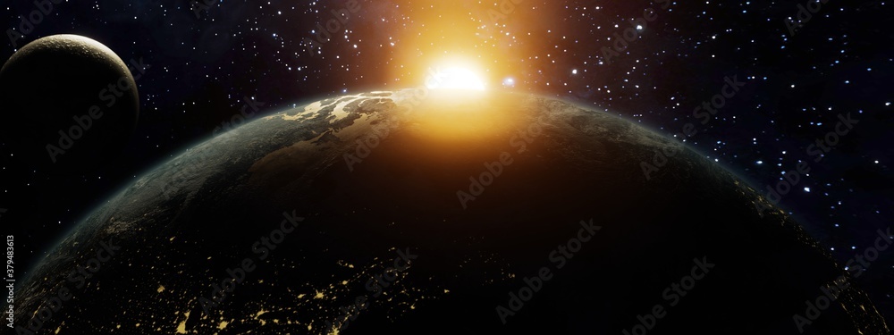 Wall mural 3d rendering, panoramic earth with sun gazing over the top. moon coming intro frame on left elements