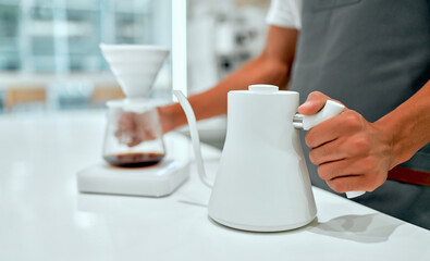 Hand drip coffee, Barista making drip coffee. Barista brewing coffee, method pour over, drip coffee.