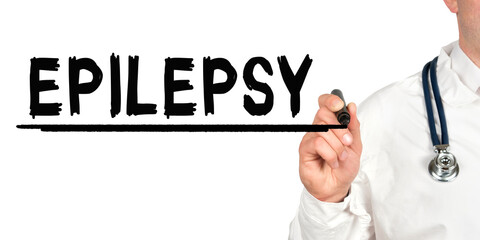 Doctor writes the word - EPILEPSY. Image of a hand holding a marker isolated on a white background.