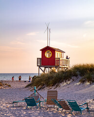lifeguard tower at sunset i Skanör, Sweden.