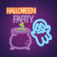 party halloween neon sign with ghost and cauldron witch vector illustration design