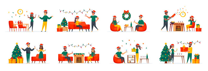 Clock chiming midnight on New Years Eve bundle of scenes with flat people characters. Happy couple together celebrating conceptual situations. Christmas winter holidays cartoon vector illustration.