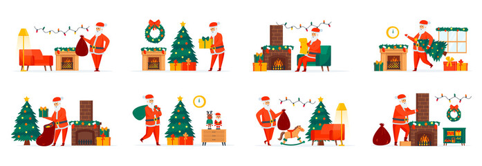 Fototapeta premium Christmas Santa Claus bundle of scenes with flat people characters. Santa Claus reading wish list and presenting gifts situations. Merry Xmas and Happy New Year celebration cartoon vector illustration