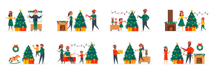 Christmas tree decoration bundle of scenes with people characters. Happy family with kids together decorating Christmas tree conceptual situations. Xmas winter holidays cartoon vector illustration.
