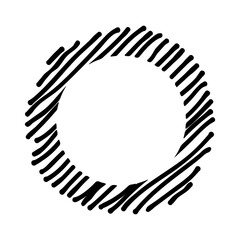Scribble hatching along the rim frame circle. Hand drawn symbols. Sketches shaded and hatched badges and stroke shapes. Monochrome vector design elements. Isolated illustration